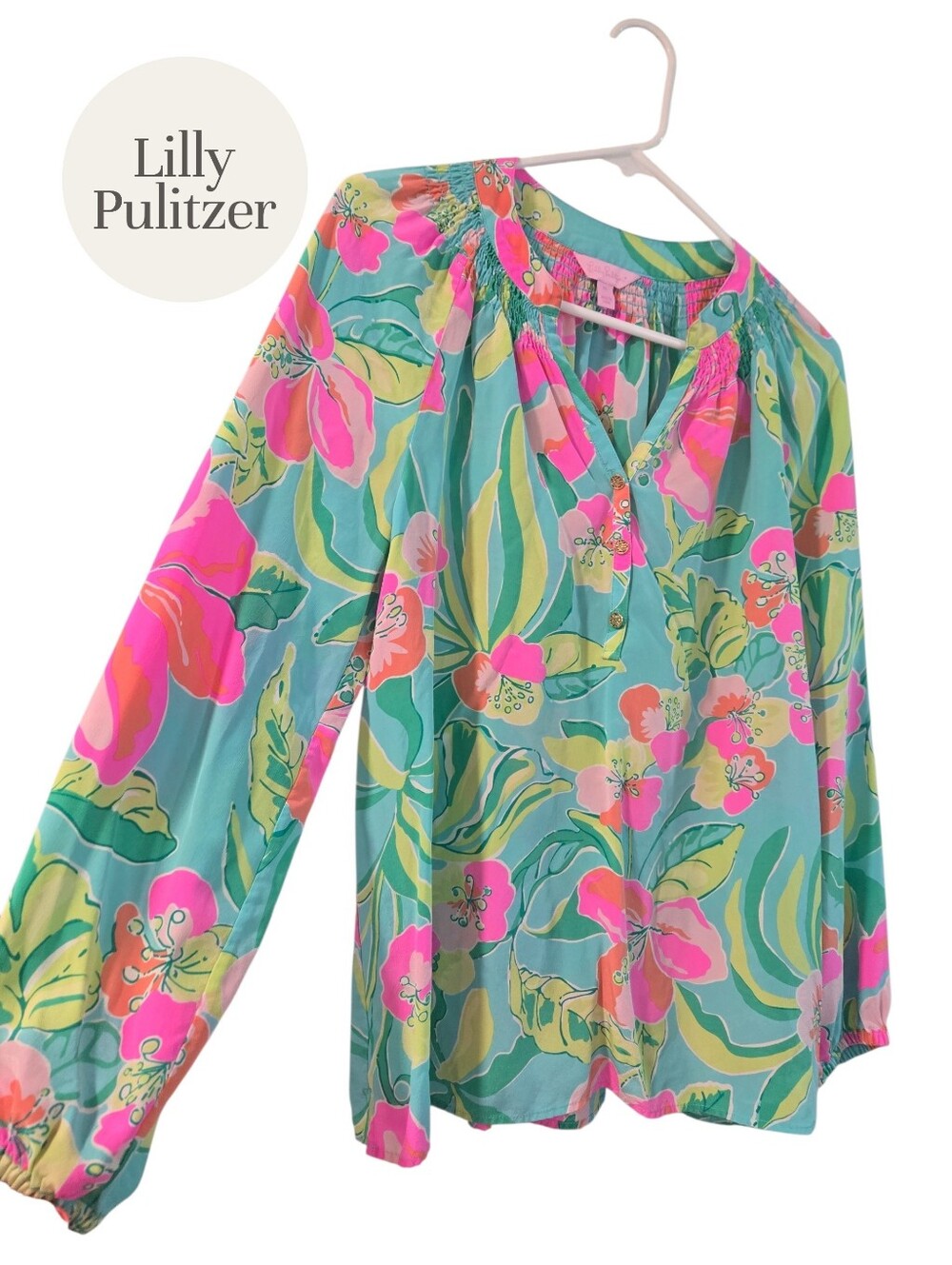 Lilly Pulitzer Teal Floral Peasant Blouse